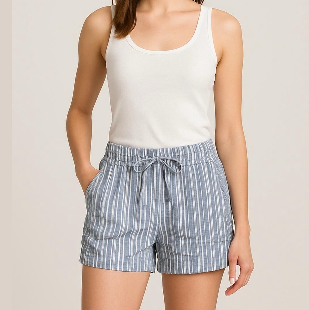 Lord & Taylor Blue & White Striped Tie Front Elastic Waist Linen Shorts Small